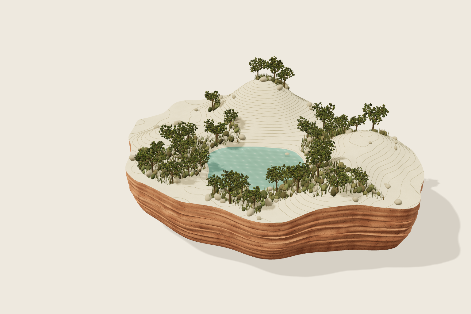 Una isla de curvas de nivel, tierra terracota, una laguna y árboles. Paisaje digital experimental.